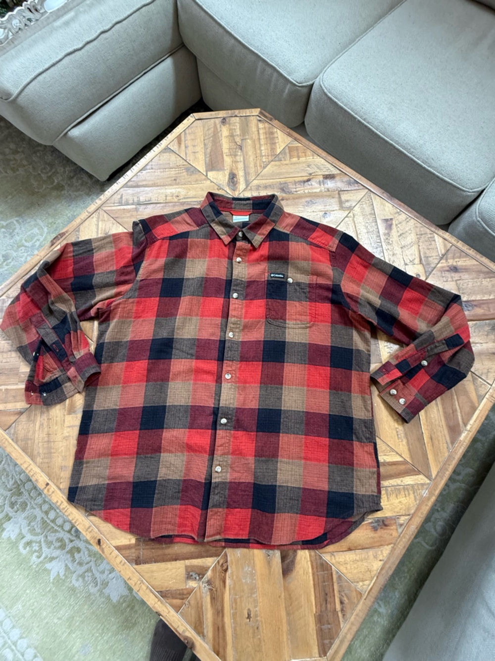 Columbia Red Black and Brown Plaid Casual Button-Down Shirt